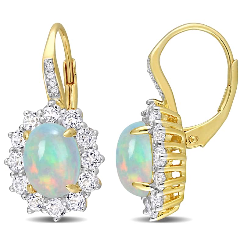 Miadora 1 3/4ct TGW Blue Ethiopian Opal and White Topaz Diamond Accent Earrings Yellow Silver