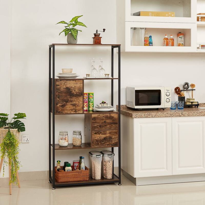 VECELO 4-Tier Book Shelf with 2 Storage Drawers and 1 Cabinet, Set of 2 Bookcase