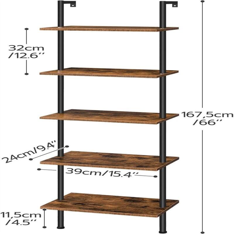 Ladder Shelf 5 Tier Wooden Wall Mounted Bookshelf - 9.45"D x 15.35"W x 65.94"H