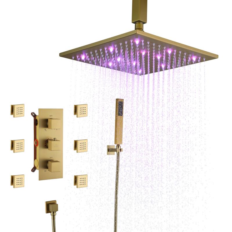 Celling 12 inch LED 3 Function Thermostatic Shower System with 6 Body Jets - Brushed Gold