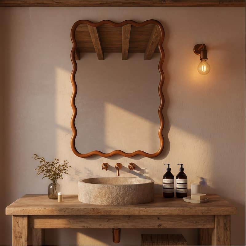 Yellowish Brown Wavy Rectangle Solid Wood Decorative Mirror - Bedroom, Bathroom, Living Room - Yellow Brown