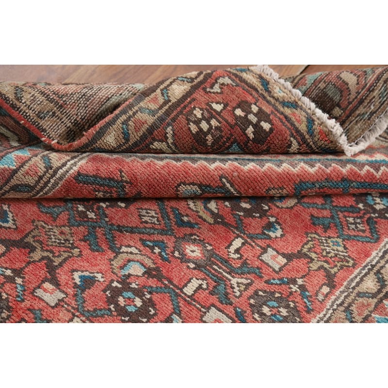 Geometric Hamedan Persian Vintage Runner Rug Hand-Knotted Wool Carpet - 3'7" x 10'3"