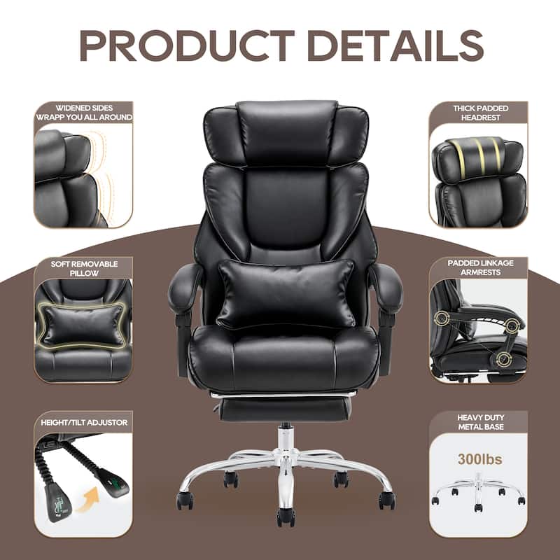 Office Chair with Footrest-Ergonomic Computer Chair with Extra Lumbar Support Pillow, Thick Bonded Leather