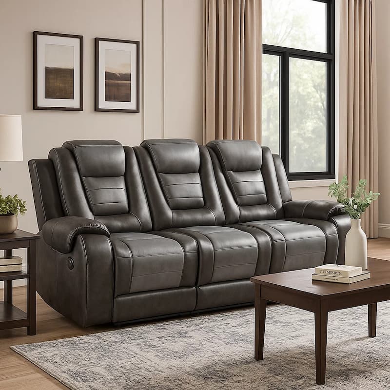 Istro 86 Inch Dual Manual Recliner Sofa, Drop Table, Gray Faux Leather