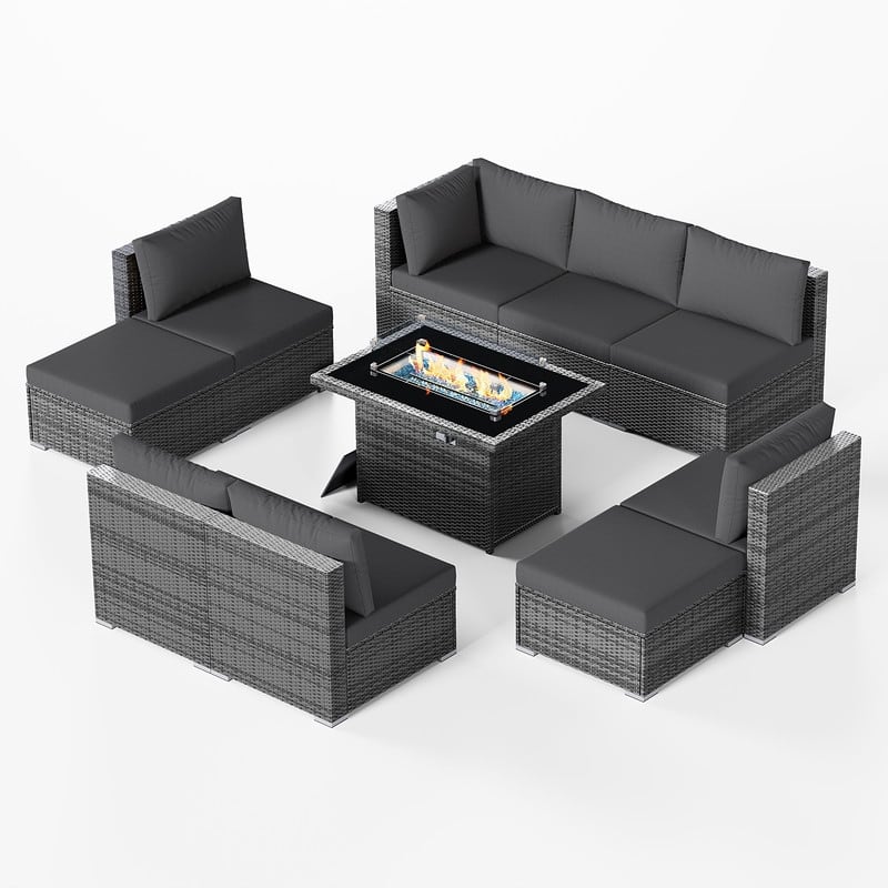 FINCATI 10-Piece Outdoor Wicker Sectional Furniture Set with Fire Pit Table for Backyard Patio - 10 PCS
