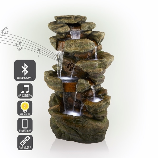 Alpine Corporation 51" Tall Outdoor Rainforest Floor Fountain with LED Lights and Bluetooth Speaker