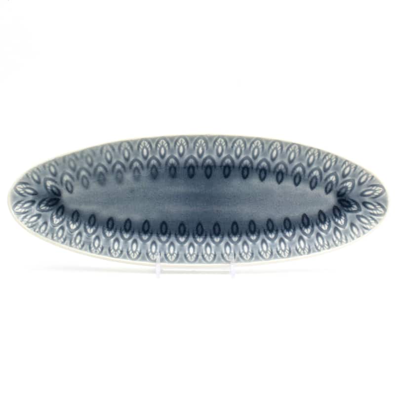 Euro Ceramica Peacock 13" Oval Crackle-Glazed Appetizer Platter - 13.63 in. x 4.81 in. x 1.38 in. - Grey
