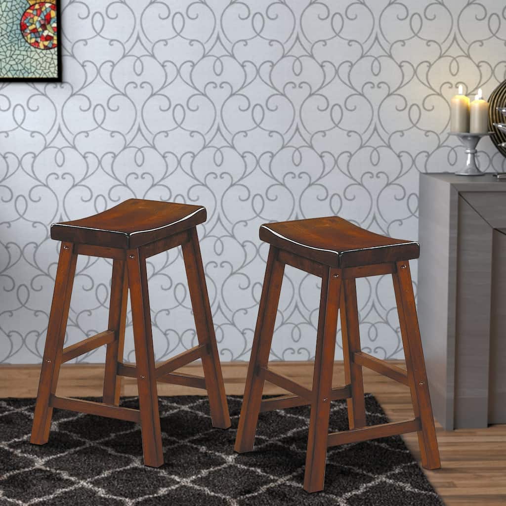 24" Counter Height Stool with Saddle Seat, Distressed Cherry Brown, Set Of 2