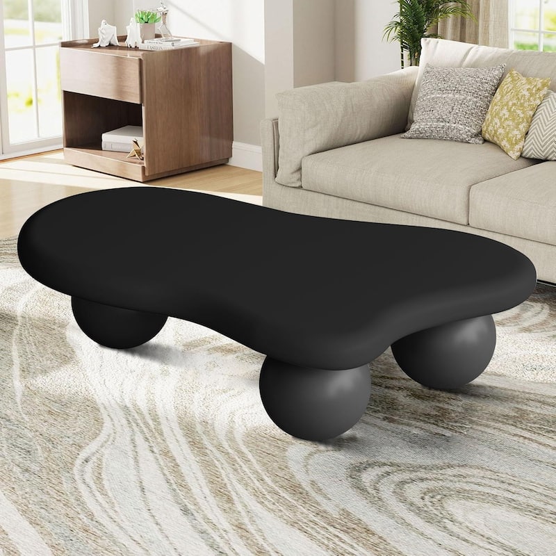 Modern Minimalist Cloud Coffee Table with Wood Legs for Bedrooms, Living Rooms and Lounges - Matte Black Top+Matte Black Ball Legs - 40"W x 26.8"D x 11.7"H