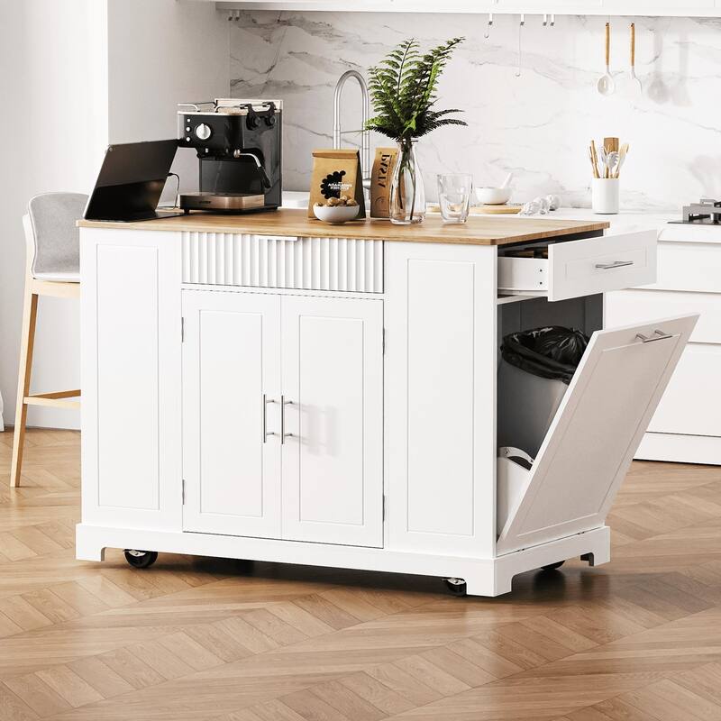 Mobile Kitchen Island with Trash Can Storage, Power Outlet, 3 Drawers, Open Shelves, 5 Wheels, Fluted Design