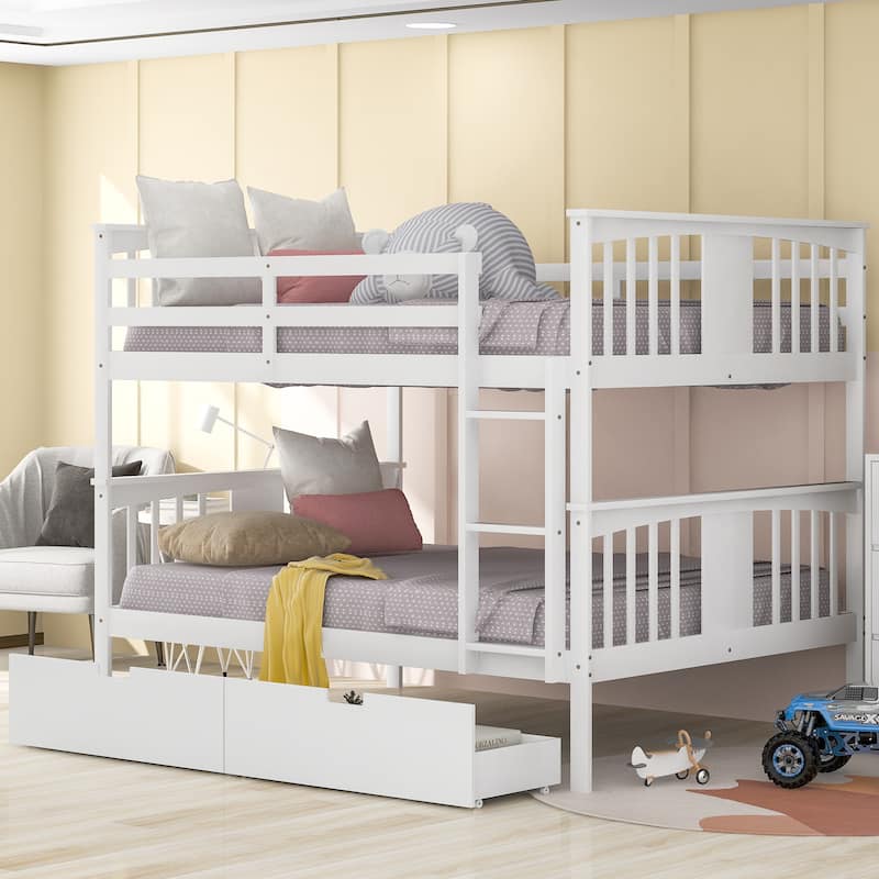 Full Over Full Bunk Bed with Drawers Solid Pine Construction - White
