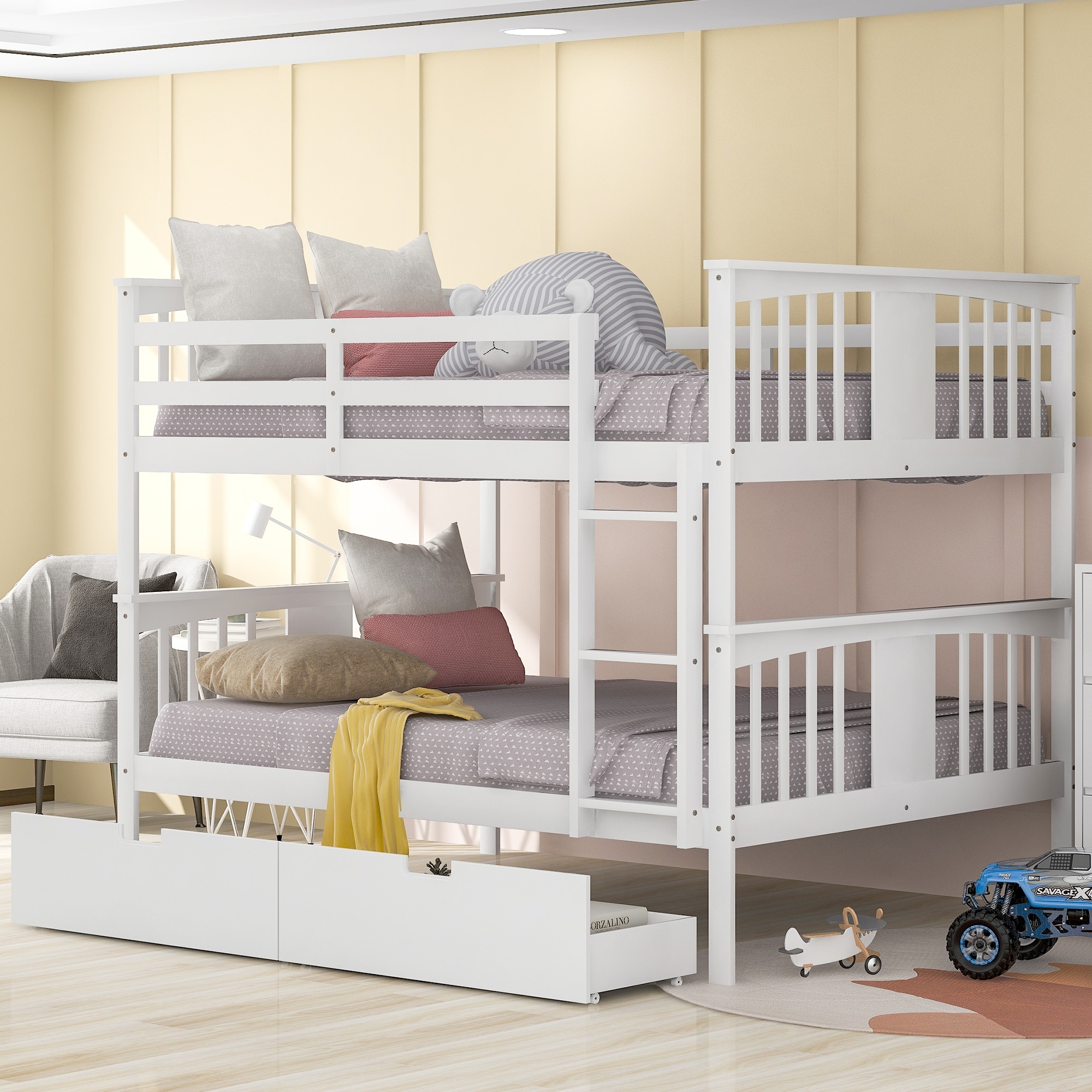 Full Over Full Bunk Bed with Drawers Solid Pine Construction