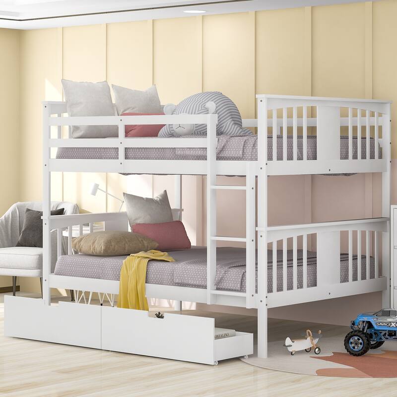 Full Pine Bunk Bed with Drawers, Ladder, and Headboard, Convertible to Two Beds