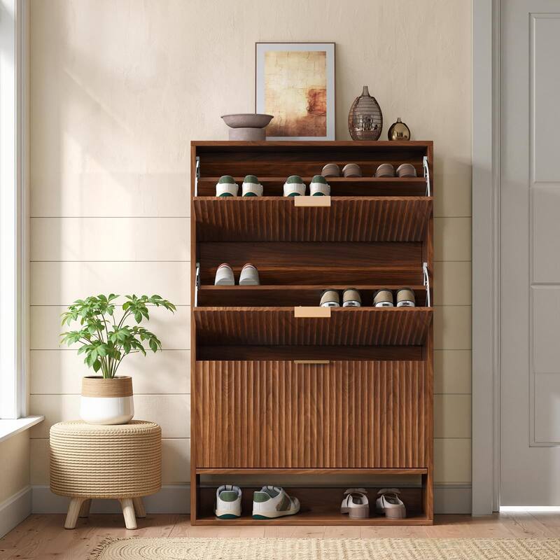 31.5''W Shoe Storage Cabinet for Entryway with 3 Flip Drawers, Fluted Slim Shoe Cabinet for Foyer, Hallway