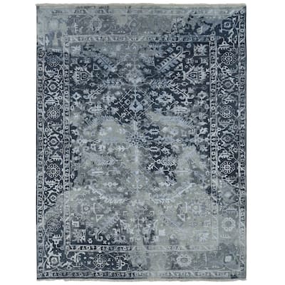 Shahbanu Rugs Arsenic Gray, Wool And Silk, Broken and Erased All Over Heriz Design, Hand Knotted, Oriental Rug (9'0" x 11'10")