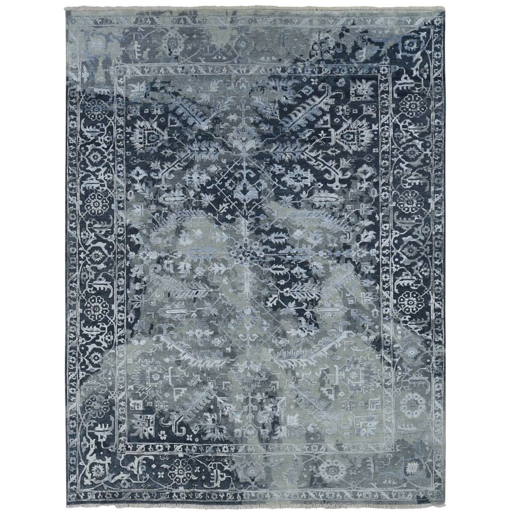 Shahbanu Rugs Arsenic Gray, Wool And Silk, Broken and Erased All Over Heriz Design, Hand Knotted, Oriental Rug (9'0" x 11'10")