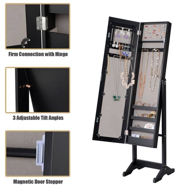 Mirrored Standing Jewelry Cabinet Storage Box - 13" x 14.5" x 56" (L x W x H)