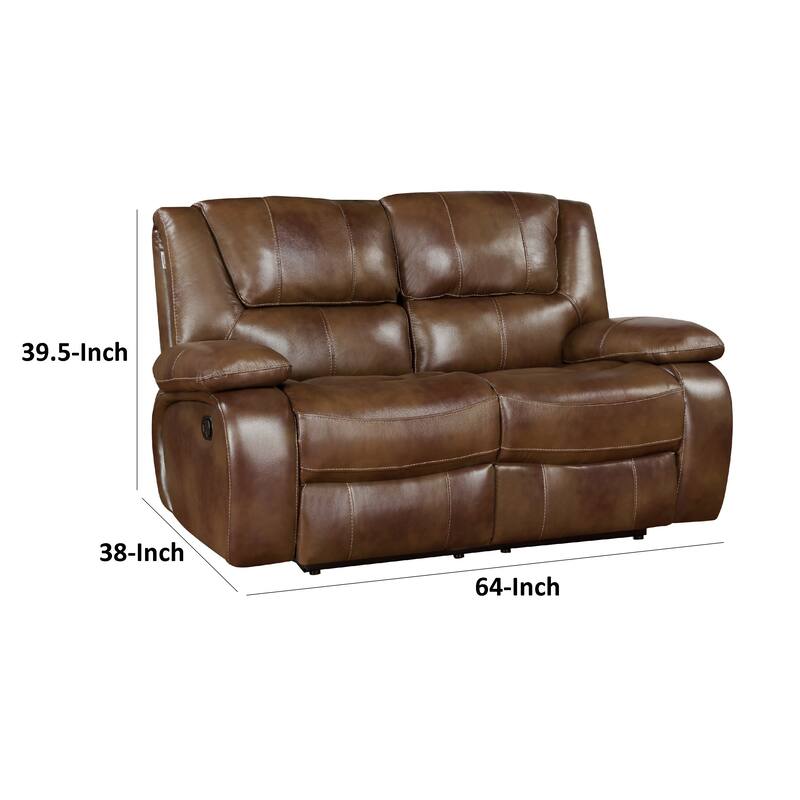 Licot Manual Double Recliner Loveseat, Glossy Brown Leather, 64 Inch