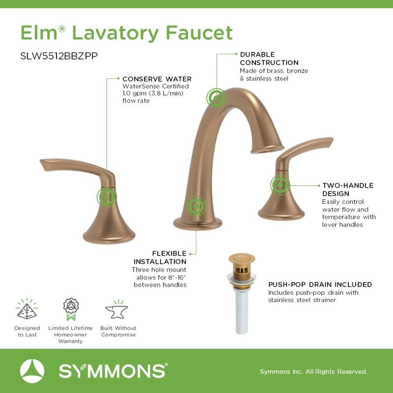 Symmons SLW5512PP Elm 1.0 GPM Widespread Bathroom Faucet with Push Pop
