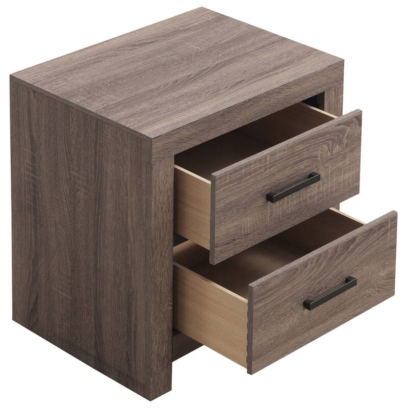 Rustic Oak 2-Drawer Nightstand with Bronze Handles and Modern Design