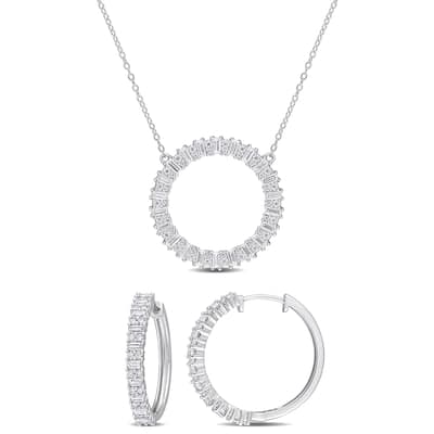 Miadora 3 1/3ct DEW Baguette-Cut Created Moissanite Hoop Necklace and Earrings Set Sterling Silver
