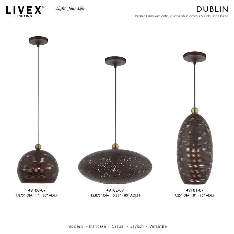 Livex Lighting 1 Light Pendant, 49102-07 - 15.875" Dia x 10.25" - 80" Adj. H