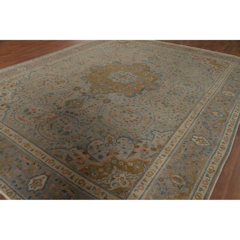 Distressed Tabriz Vintage Persian Rug Hand-Knotted Grey Wool Carpet - 9'11" x 12'10"