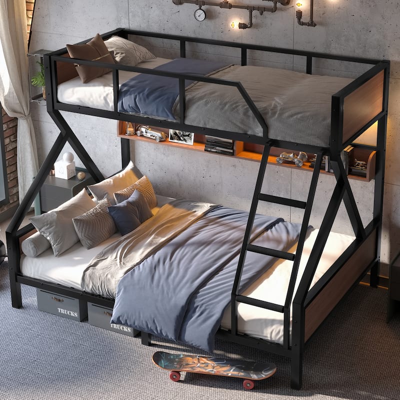 Twin XL over Queen Bunk Bed with Storage Shelves, Lights and Noise-Free Design