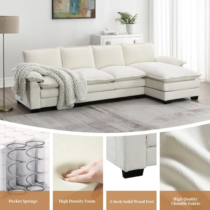 [VIDEO provided][New]118*55" Modern L-shaped Chenille Cloud Sofa with Double Seat Cushions,5-seat Upholstered Indoor Furniture,S