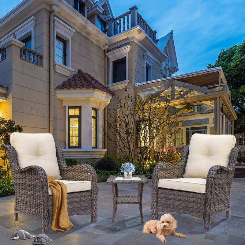 Outdoor Brown Wicker Patio Furniture Seating Sets with Beige Cushions - 3 Piece