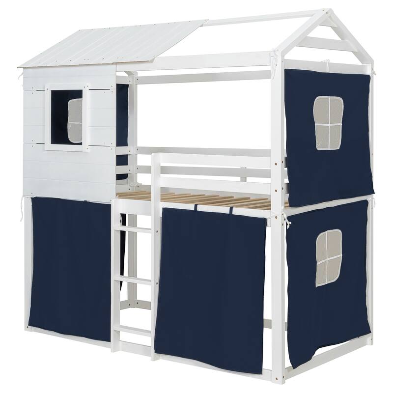 Twin Size Kids Playhouse Bunk Bed with Tent Wooden Frame and Sliding Window