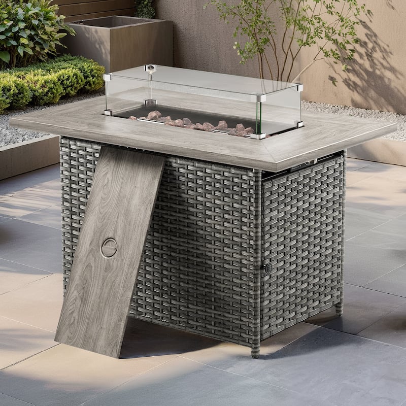 Meyreso 41 in. Rectangular Brown Wicker and Metal Propane Gas Outdoor Fire Pit Table with Lava Rocks, 50000 BTU