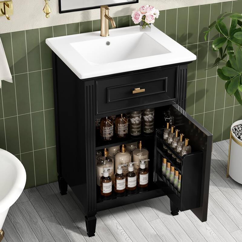 20" Bathroom Freestanding Vanity with Ceramic Sink,Solid Wood Legs,Adjustable Shelf,Tilt-Out Drawer