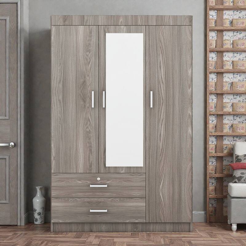 3 Door Wardrobe with Mirror and Shelves, MDF Bedroom Armoire with Lockable Drawer and Storage Drawers