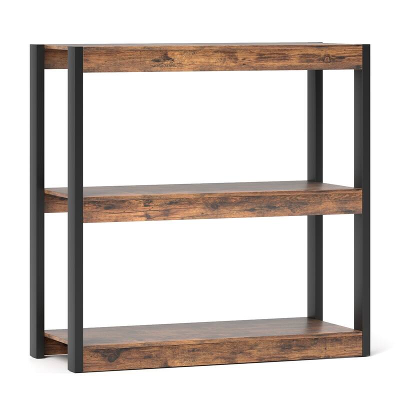 Gymax 3 Tier Bookshelf Wooden Bookcase w/ Dual Anti-Tipping Kits Open