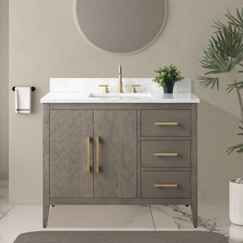 Vanity Art 42" Single Sink Bathroom Vanity Cabinet with Engineered Marble Countertop - 42"/Golden Brushed Handle - Driftwood Gray