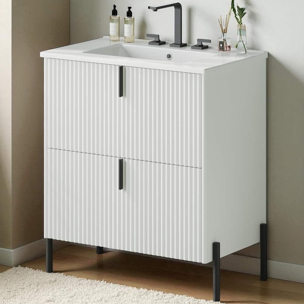 30" Bathroom Vanity with Ceramic Sink, Fluted Design, Full-Extension Drawers, Soft Close Drawer Slides
