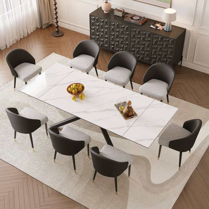 9 - Piece Extendable Rectangular Sintered Stone Cross Legs Dining Set With 8 Chairs For Home or Villa - Black&Grey Chair