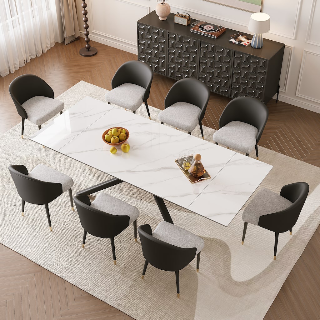9 - Piece Extendable Rectangular Sintered Stone Cross Legs Dining Set With 8 Chairs For Home or Villa