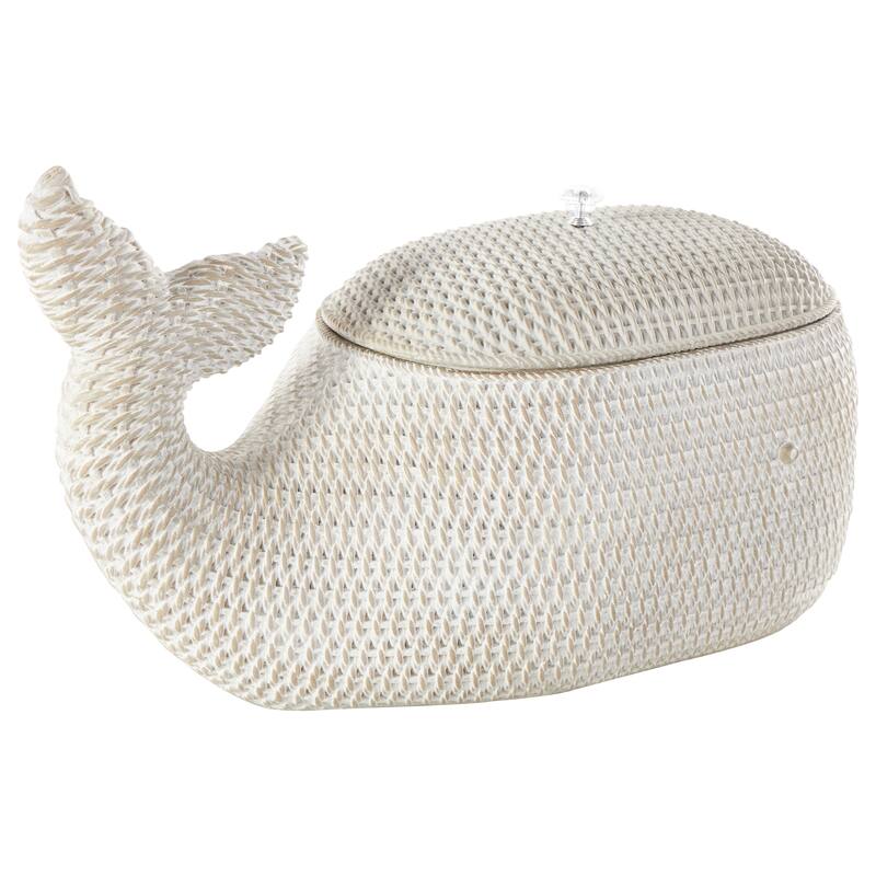 Cream Resin Woven Inspired Storage Whale Box with Clear Knob
