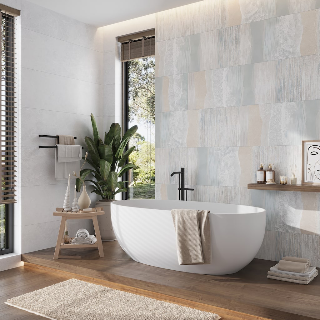 Imprint 16x48 in. Misty Blue, Ivory Cream Matte Ceramic Wave Large Wall Tile (15.5 sq ft/case, 3-Pack)