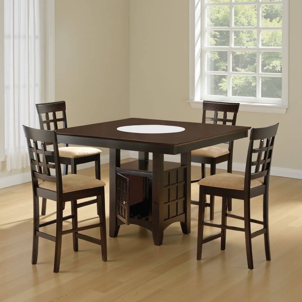 Uric Counter Height Dining Table w Wine Storage, 4 Lattice Chairs, Brown
