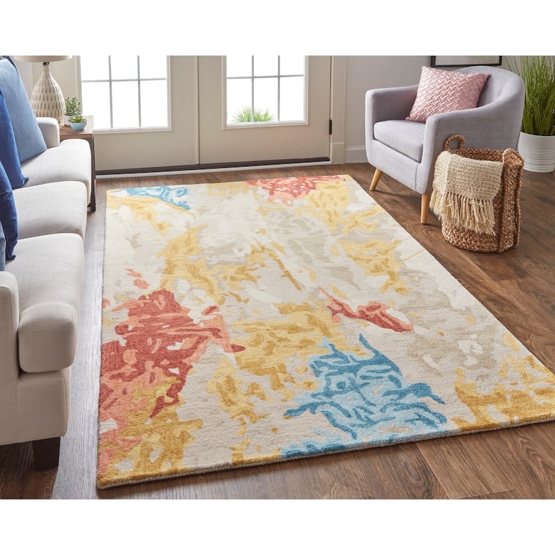 Everley Abstract Tufted Wool Rug, Sunny Yellow/Sky Blue, Area Rug