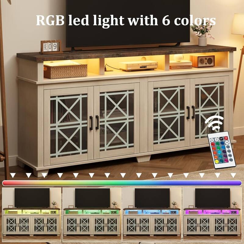 TV Stand for 80 inch, Mid Century Modern Entertainment Center with LED Lights and Storage - 65 inches