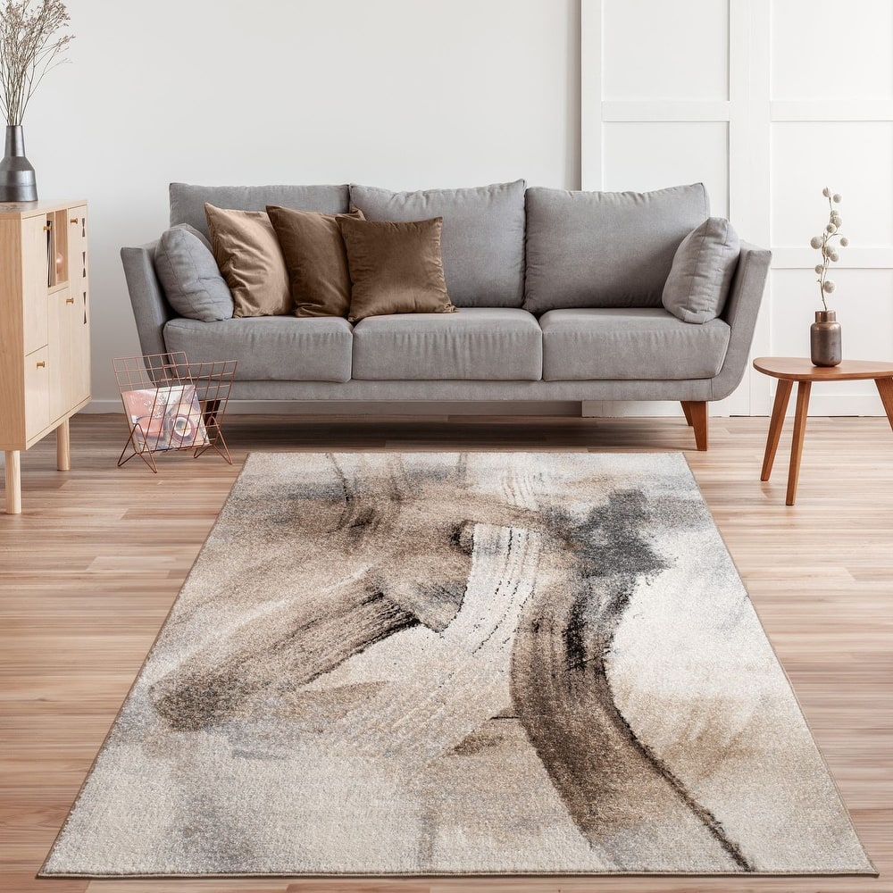 Artistic Designer Rug with Brushstroke Effect in Cream Brown Black