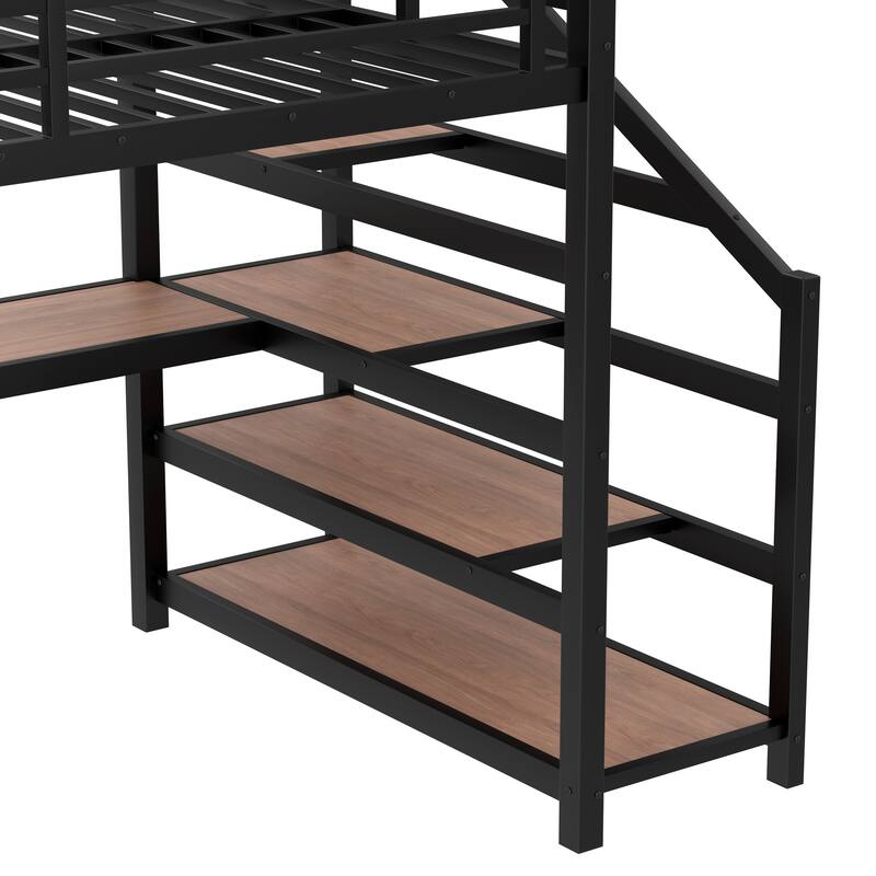 Space-Saving Full Size Loft Bed for Bedroom or Dorm with Desk, Storage Stairs, LED Lights, Charging Station and Net Board