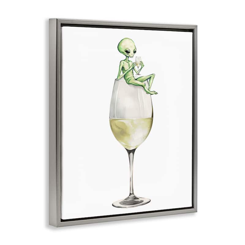 Stupell Alien Perched on Champagne Glass Framed Floater Canvas Wall Art Design By Lil' Rue