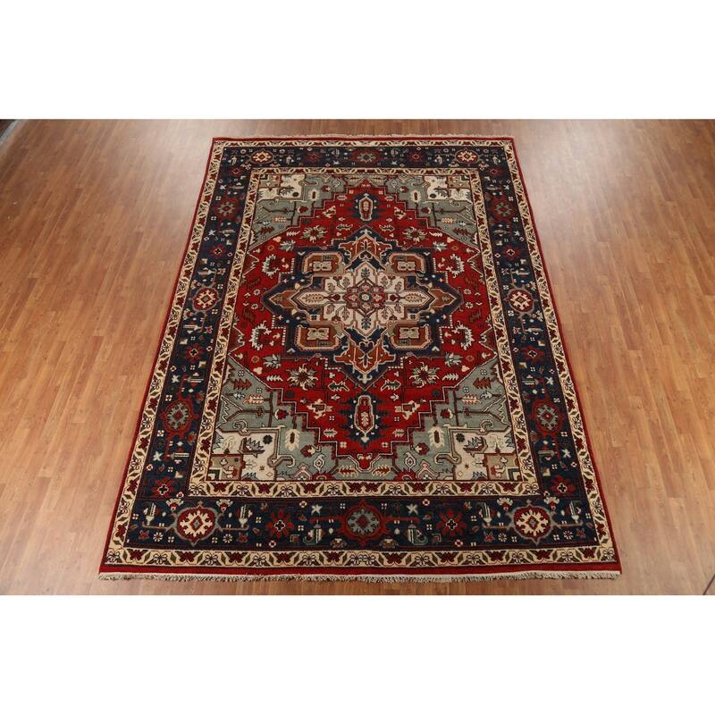 Geometric Red Heriz Serapi Oriental Area Rug Handmade Wool Carpet - 8'10"x 12'0"