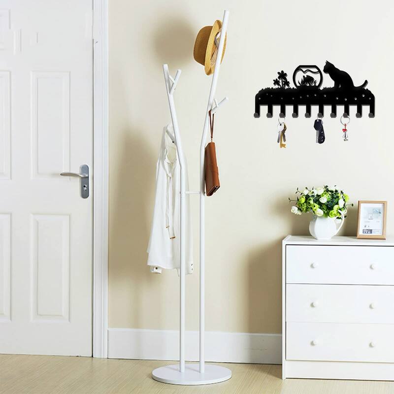 Adorable Kitty Black Iron Wall Mounted Rack with 10 Hooks for Entryway or Bedroom - 13.78”L x 5.51”H