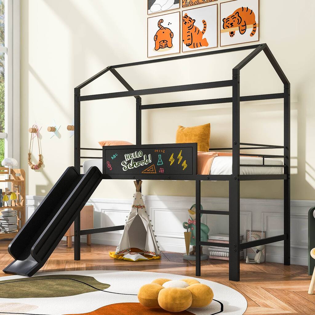 Metal House-shaped Lofted Canopy Bed with Slide